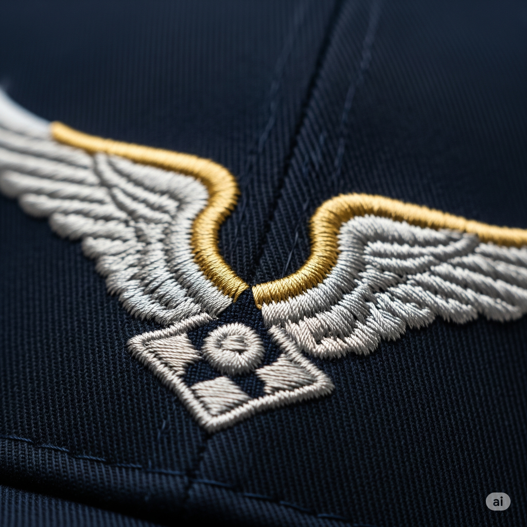 A close-up shot of the detailed, high-quality embroidery on a navy blue aviation baseball cap.