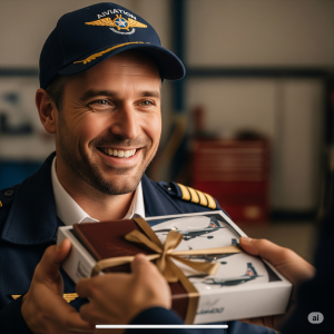 A smiling male pilot wearing an embroidered aviation hat happily receiving a wrapped gift.